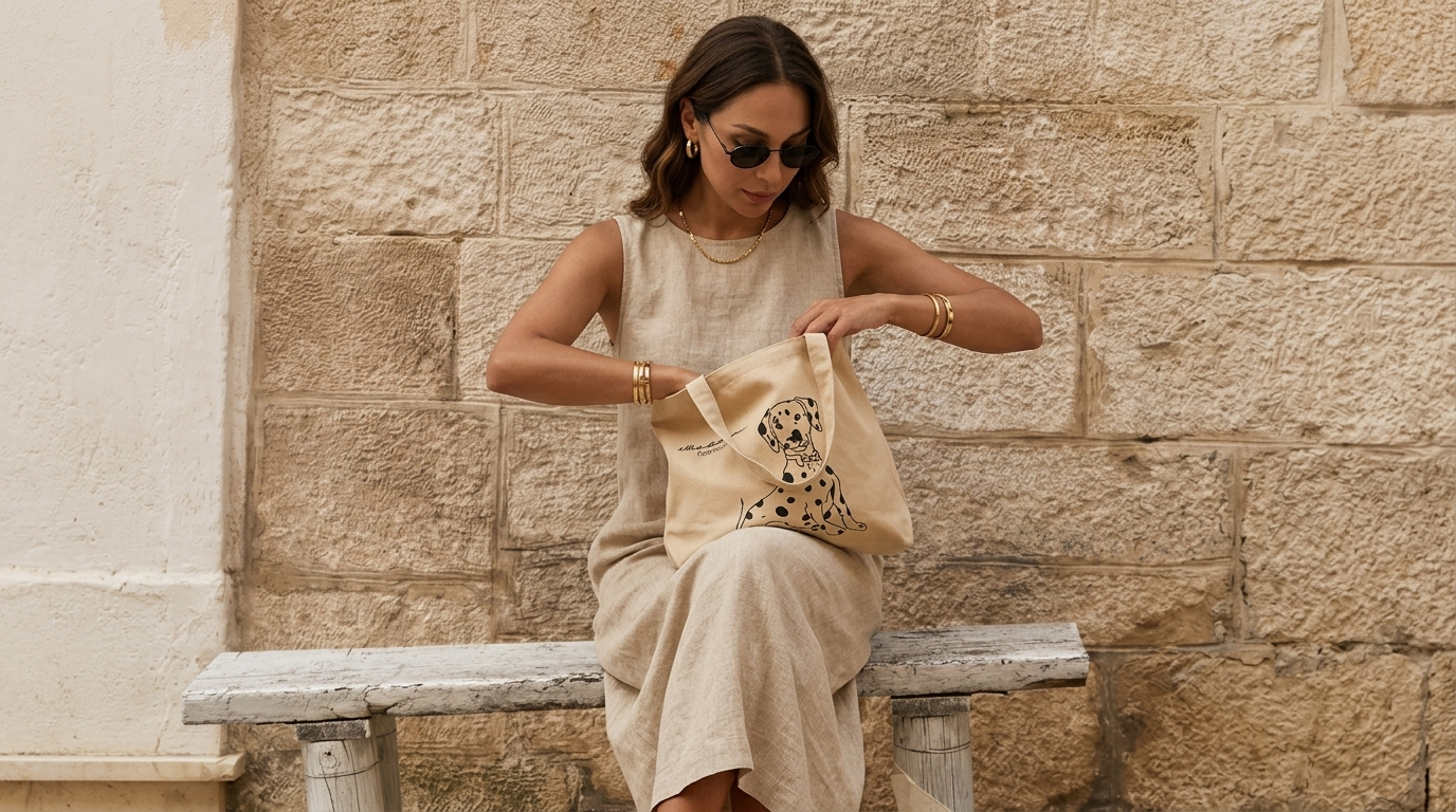 Woman sitting on a stone bench holding a Little Battersea Carry all tote bag with Allure en Noir print