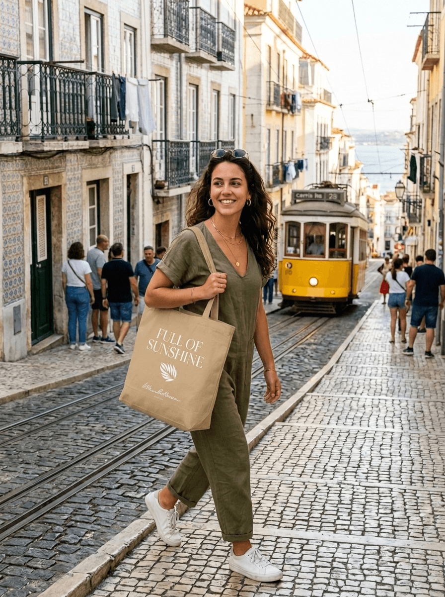 Woman walking down a street in a European city with a yellow tram in the background