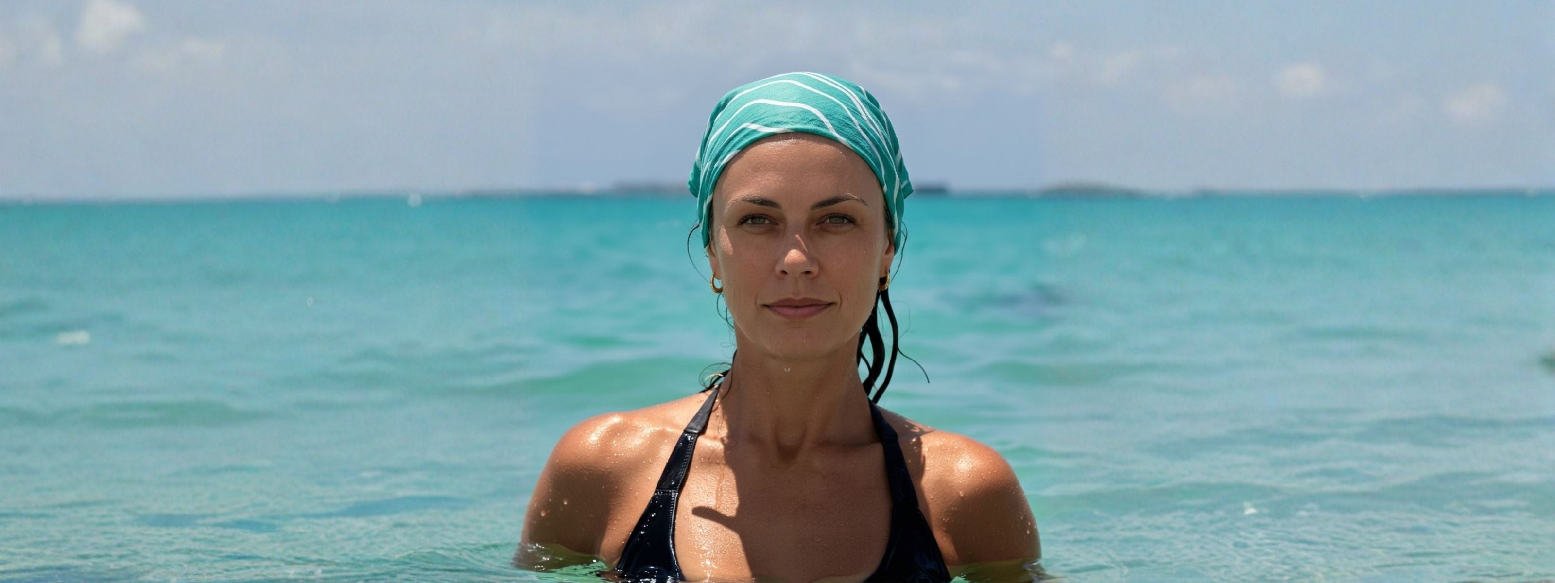 Mother wearing the Brisa do Mar Little Battersea textile as a bandana by the sea, a styled family essential for everyday life.