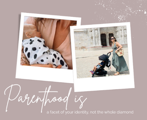Inspirational quote image: "Parenthood is a facet of your identity, not the whole diamond" by Little Battersea, accompanied by small images of a baby and a stylish parent, highlighting identity in parenthood.