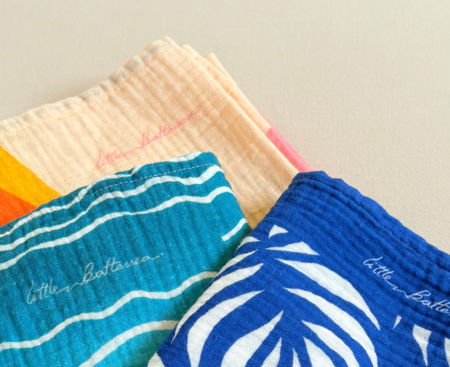 Detail of organic muslin texture, highlighting the exquisite quality of Little Battersea design.