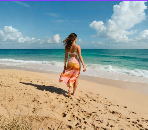 A woman walking gracefully on a beach, elegantly wearing a Little Battersea muslin as a sarong, demonstrating multifunctional beauty.