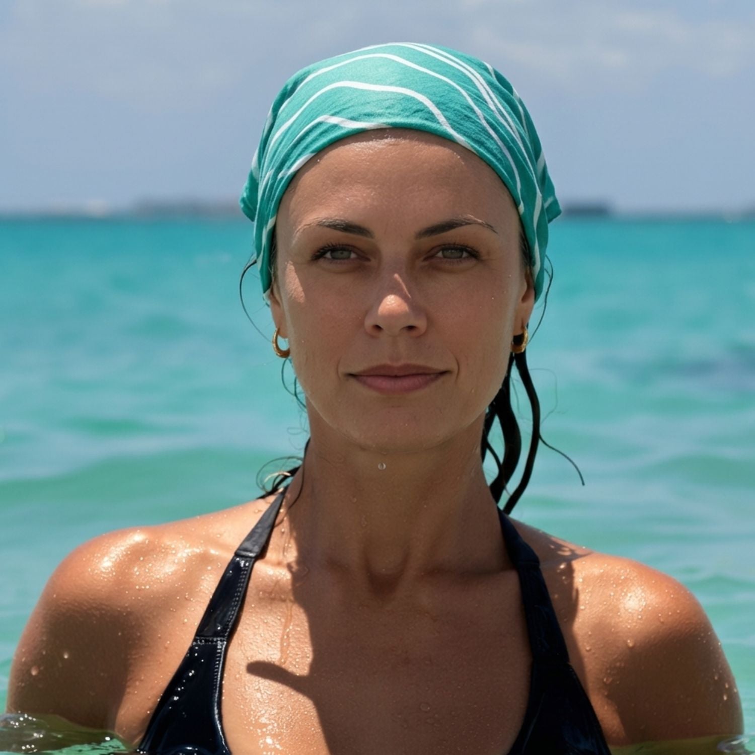 The Brisa do Mar Small Square worn as a headscarf near the sea, showing styling and use beyond the newborn phase.