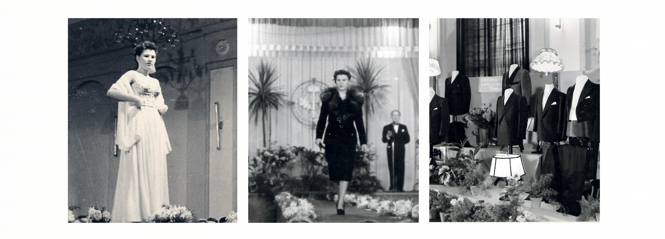 Three black and white images showcasing elegant 1950s haute couture gowns and impeccably tailored suits by Erich and Irene Schwarze, presented in a refined interior. These represent the foundational sartorial legacy inspiring Little Battersea.